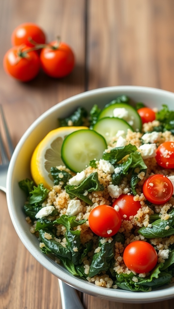 A colorful kale and quinoa salad with tomatoes, cucumber, and feta cheese in a bowl on a wooden table.